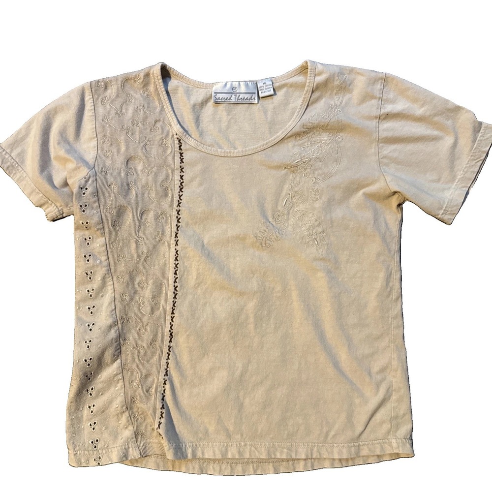 Sacred Threads Embroidered Tee Shirt ML Top Tan Boho